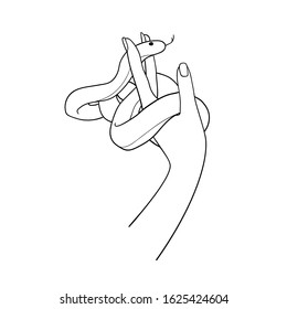 Female hand with a snake isolated on white background. Hand with a snake sketch. Hand drawn snake. Vector snake sketch
