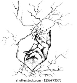 Female hand snapping fingers. Vector hand drawn illustration. Monochrome drawing isolated on white background