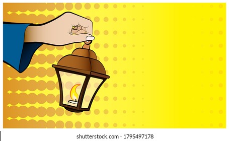 female hand of sorceress holds a lantern with burning candles inside. Celebration of Halloween in fancy dress. Magic and witchcraft, rituals. Comic style vector