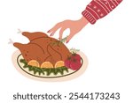 Female hand sprinkling spices on baked chicken or turkey served with vegetables and herbs. Vector illustration of baked turkey for festive dinner.