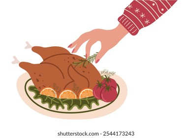 Female hand sprinkling spices on baked chicken or turkey served with vegetables and herbs. Vector illustration of baked turkey for festive dinner.