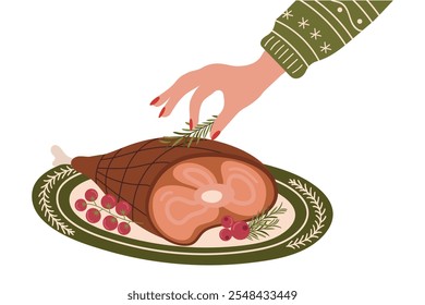 Female hand sprinkling spices on baked pork served with cherry tomatoes and herbs. Vector illustration of baked turkey for festive dinner.