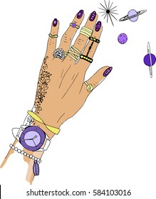 Female hand with star and planets in doodle style. Illustration for coloring book.
