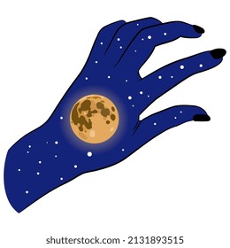 Female hand as starry night with full moon inside. Creative concept. Isolated vector illustration.