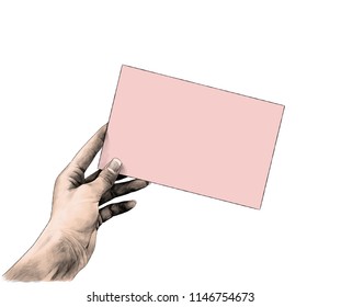 the female hand sticks out from the side and holds the rectangular card blank, sketch vector graphics pattern, color illustration on white background