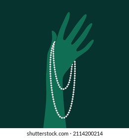 A female hand with strands of pearls on dark background. Jewellery concept. Decorative element for invitations, banners, cards. Vector illustration EPS10