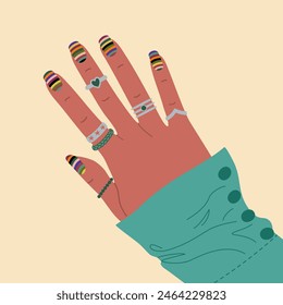 Female hand with stylish colored manicure and silver rings. Hand drawn vector illustration isolated on light background, flat cartoon style.