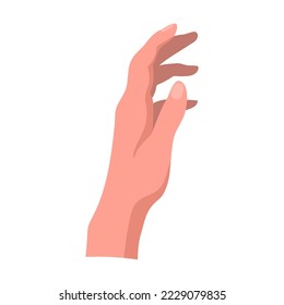 Female hand takes an object. Hand gestures cartoon vector illustration. Human palm with finger, showing numbers, direction, symbol and sign