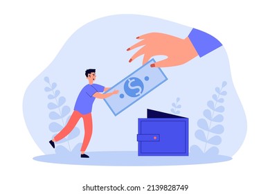 Female hand taking away money from tiny man. Person holding currency from wallet flat vector illustration. Wage cut, financial crisis, debt concept for banner, website design or landing web page