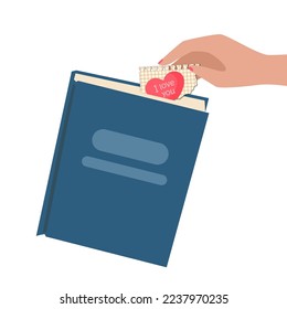 Female hand taking love note out of book vector illustration. Cartoon drawing of person holding piece of paper with confession isolated on white background. Love, romance, Valentine day concept