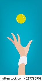 Female hand tennis serve - ball being tossed in the air during a match vector illustration, start of a game