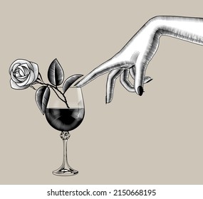 Female Hand Touches With A Finger A Glass Of Wine With A Rose. Vintage Engraving Stylized Drawing. Vector Illustration