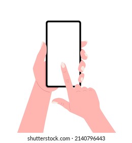 Female hand touching blank screen of the smartphone. Using mobile smartphone. Vector illustration.