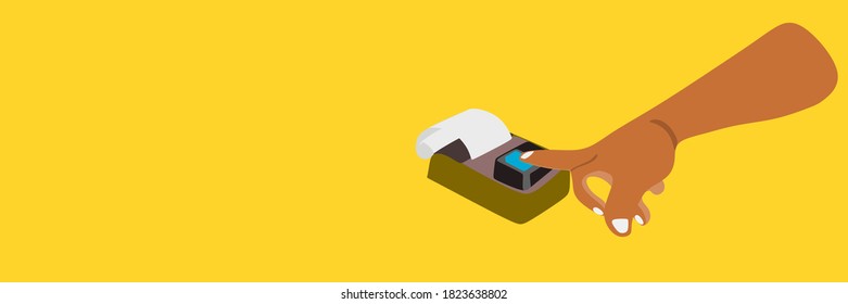 Female hand touching digital thumb impression pad for micro finance loan disbursement procedure on blue background illustration art.