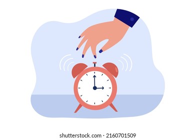 Female hand turning off alarm clock. Alarm clock or timer ringing in morning flat vector illustration. Time management, daily routine, deadline concept for banner, website design or landing web page