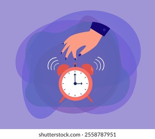 Female hand turning off alarm clock. Alarm clock or timer ringing in morning flat vector illustration. Time management, daily routine, deadline concept for banner, website design or landing web page