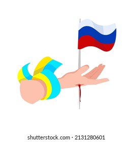 Female hand with Ukrainian flag and Russian flag