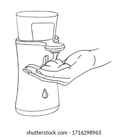 Female hand use modern automatic soap foam dispenser close up. Hygiene product prevention from viruses, bacteria. Vector template isolated flat doodle realistic black outline white background icon