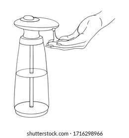 Female hand use modern automatic liquid soap dispenser close up. Hygiene product prevention from viruses, bacteria. Vector template isolated flat doodle realistic black outline white background icon