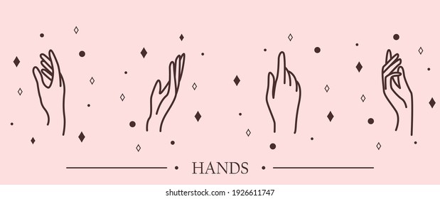 Conjunto de illistración de vectores de mano para mujeres. Colección de logotipos lineales de moda y belleza para cosméticos, spa y tatuajes. Plantilla de logotipo con un estilo mínimo. Mínimo vector de mano de mujer para joyería y boda, gesto