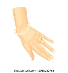 Female hand wearing golden ring with diamond and pearl bracelet vector illustratio