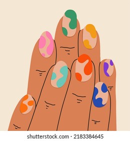 Female hand with well-groomed and bright colorful manicure, modern design. Spa, nail treatment, beauty concept. Hand drawn color modern vector illustration.