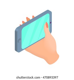 Female hand work with smartphone icon in cartoon style isolated on white background. Device symbol