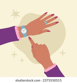 Female hand with wrist watch. Woman with clock checks the time. Hand drawn vector illustration isolated on light background. Modern flat cartoon style.