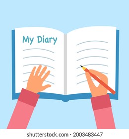 Female hand writing diary in flat design. Woman recording her daily life on diary book concept vector illustration.