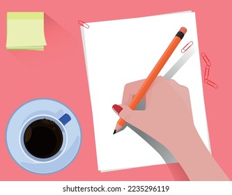 a female hand writing with a pencil on a paper sheet. a cup of coffee and stick paper notes stack. Advisor.