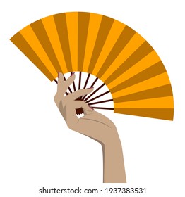 Female hand with yellow open fan. Colorful vector illustration in flat style