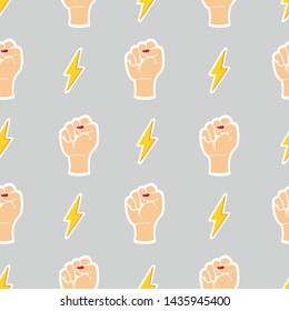 Female hand and zipper. Seamless pattern for prints, fabrics, backgrounds. Symbol of women's movement