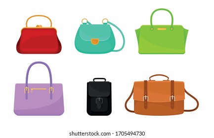 Female Handbags Made of Artificial Leather Isolated on White Background Vector Set