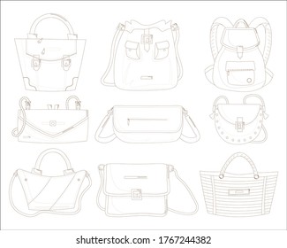 Female handbags set. Isolated woman hand bag beauty line contour drawings. Lady handbag, clutch, backpack with handle, shoulder strap icons. Beautiful female fashion accessory glamour collection