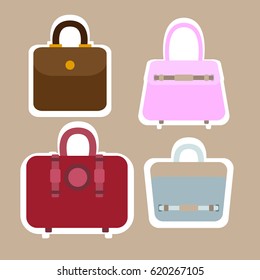Female handbags with white outline isolated on brown background. Stickers style brown, red, pink, blue bag