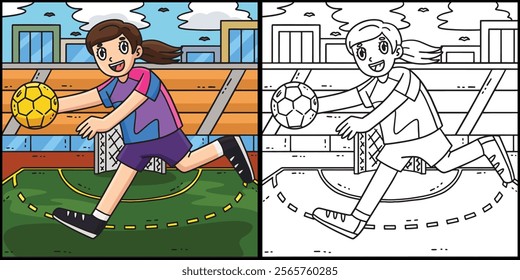 Female Handball Player Running a Ball Illustration