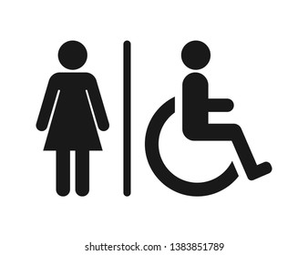 Female and handicap toilet sign, Isolated black bathroom symbol