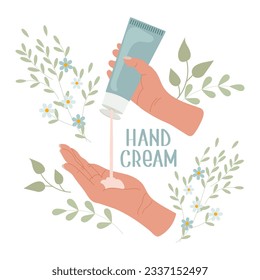 Female hands apply cream from a tube. Hand cream. Routine skin care. Daily organic cosmetics. Flat illustration. Vector