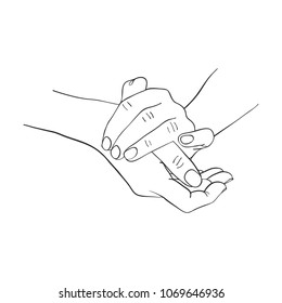 female hands applying cream, line drawing palms, hand drawn vector illustration
