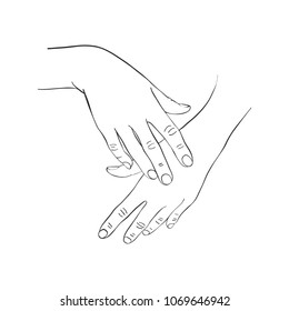 female hands applying cream, line drawing palms, hand drawn vector illustration