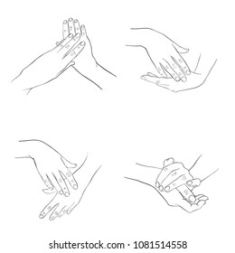 female hands applying cream, line drawing palms, hand drawn vector illustration