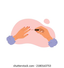 Female hands applying nail polish. Women's hands with a manicure. Nail care, beauty treatment aesthetic. Vector illustration in cartoon style. Isolated white background