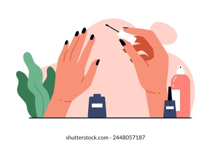Female hands applying nail polish concept. Woman hands with a manicure. Nail care, beauty treatment aesthetic. Vector illustration in cartoon style. Isolated white background