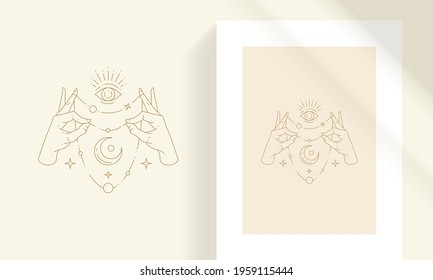 Female hands with beads and crescent moon line art style vector illustration. Boho mystic linear drawing and eye for poster and esoteric practices logo emblem decoration or fashion print.