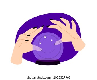 Female hands with black nails with Crystal Ball. Mystical vector flat illustration. Halloween concept and decoration. Magical sphere and fortune teller. Future telling and spiritual experience.