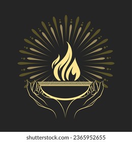 Female Hands with Boil of Sacred Fire Esoteric Emblem isolated on black. Vector illustration