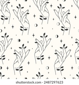Female hands with botanical elements seamless pattern. With hand holding herb alchemy 2d art.