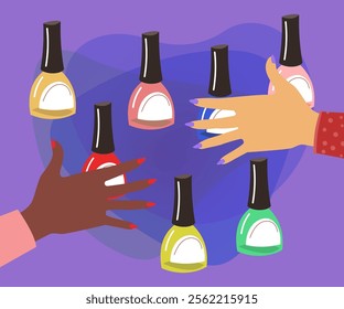 Female hands and bottles of nail polish vector illustrations set. Cartoon drawings of hands of women with polished nails, colorful liquid on abstract background. Beauty, fashion concept