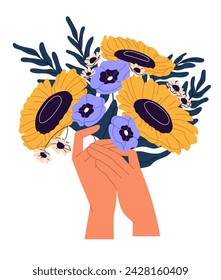 Manos femeninas con ramo de girasoles cortados. La mujer sostiene el poste de las plantas de jardín florecientes, las ramitas de los windflowers. Flores, composición floral, regalo de la naturaleza. Ilustración vectorial aislada plana en blanco