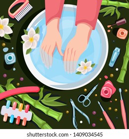 Female hands in bowl with clean water, top view vector cartoon illustration. Spa procedures, manicure and relax. Beauty salon hands and nails care.